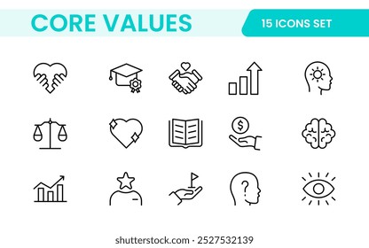 Conjunto de iconos de esquema de valores principales. Núcleo, valores, negocio, liderazgo, objetivos, target, cliente, calidad, éxito, responsabilidad y calidad.