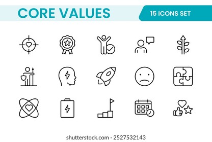 Conjunto de iconos de esquema de valores principales. Núcleo, valores, negocio, liderazgo, objetivos, target, cliente, calidad, éxito, responsabilidad y calidad.