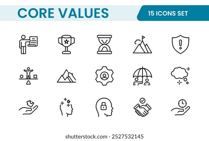 Conjunto de iconos de esquema de valores principales. Núcleo, valores, negocio, liderazgo, objetivos, target, cliente, calidad, éxito, responsabilidad y calidad.