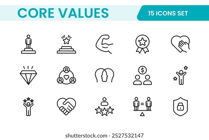 Conjunto de iconos de esquema de valores principales. Núcleo, valores, negocio, liderazgo, objetivos, target, cliente, calidad, éxito, responsabilidad y calidad.