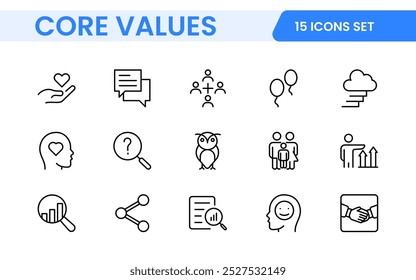 Conjunto de iconos de esquema de valores principales. Núcleo, valores, negocio, liderazgo, objetivos, target, cliente, calidad, éxito, responsabilidad y calidad.