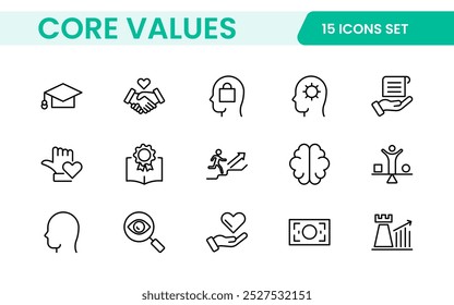 Conjunto de iconos de esquema de valores principales. Núcleo, valores, negocio, liderazgo, objetivos, target, cliente, calidad, éxito, responsabilidad y calidad.