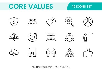 Conjunto de iconos de esquema de valores principales. Núcleo, valores, negocio, liderazgo, objetivos, target, cliente, calidad, éxito, responsabilidad y calidad.