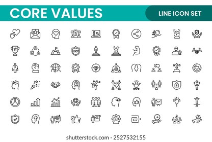 Conjunto de iconos de esquema de valores principales. Núcleo, valores, negocio, liderazgo, objetivos, target, cliente, calidad, éxito, responsabilidad y calidad.