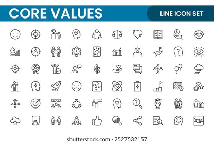 Conjunto de iconos de esquema de valores principales. Núcleo, valores, negocio, liderazgo, objetivos, target, cliente, calidad, éxito, responsabilidad y calidad.