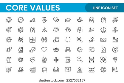 Conjunto de iconos de esquema de valores principales. Núcleo, valores, negocio, liderazgo, objetivos, target, cliente, calidad, éxito, responsabilidad y calidad.