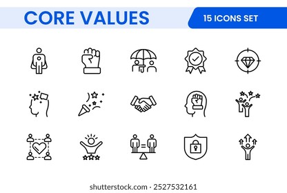 Conjunto de iconos de esquema de valores principales. Núcleo, valores, negocio, liderazgo, objetivos, target, cliente, calidad, éxito, responsabilidad y calidad.