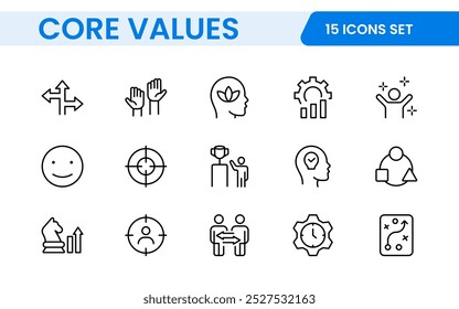 Conjunto de iconos de esquema de valores principales. Núcleo, valores, negocio, liderazgo, objetivos, target, cliente, calidad, éxito, responsabilidad y calidad.