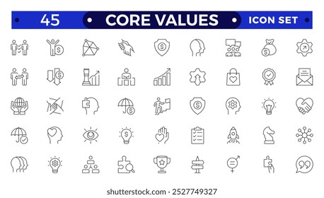 Core Values outline icons set. Vector illustration in modern thin line style of business related icons: integrity, growth, goal, trust, passion, white salary, social package.
