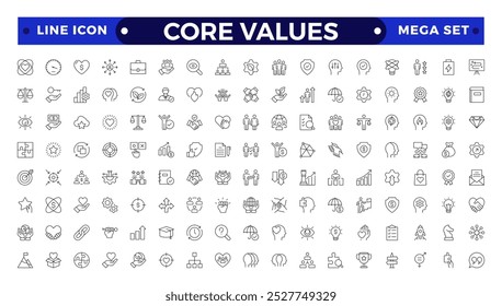 Valores Principais definem ícones de estrutura de tópicos. Ilustração vetorial em estilo de linha fina moderna de ícones relacionados a negócios: integridade, crescimento, objetivo, confiança, paixão, salário branco, pacote social.
