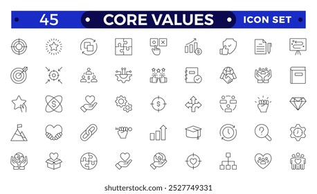 Core Values outline icons set. Vector illustration in modern thin line style of business related icons: integrity, growth, goal, trust, passion, white salary, social package.
