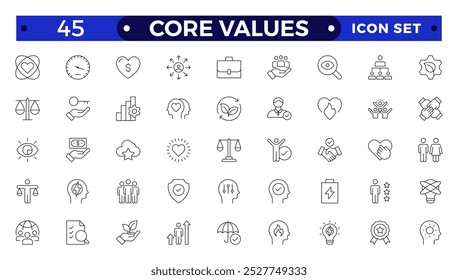 Valores Principais definem ícones de estrutura de tópicos. Ilustração vetorial em estilo de linha fina moderna de ícones relacionados a negócios: integridade, crescimento, objetivo, confiança, paixão, salário branco, pacote social.
