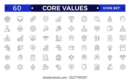Conjunto de iconos de esquema de valores principales. Ilustración vectorial en estilo de línea delgada moderna de iconos relacionados con negocios: integridad, crecimiento, objetivo, confianza, pasión, salario blanco, paquete social.
