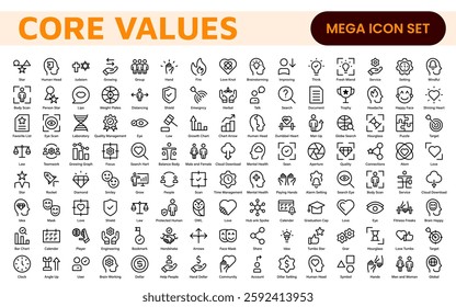 Core Values outline icons set. Core, values, business, leadership, goals, target, client, quality, success, responsibility and quality.