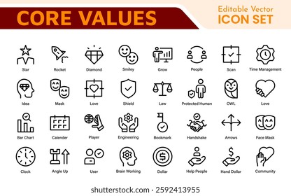 Core Values outline icons set. Core, values, business, leadership, goals, target, client, quality, success, responsibility and quality.