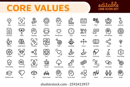 Core Values outline icons set. Core, values, business, leadership, goals, target, client, quality, success, responsibility and quality.