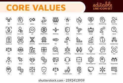 Core Values outline icons set. Core, values, business, leadership, goals, target, client, quality, success, responsibility and quality.