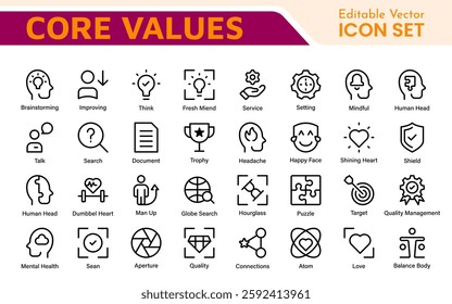 Core Values outline icons set. Core, values, business, leadership, goals, target, client, quality, success, responsibility and quality.