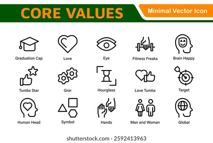 Core Values outline icons set. Core, values, business, leadership, goals, target, client, quality, success, responsibility and quality.