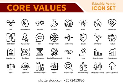 Core Values outline icons set. Core, values, business, leadership, goals, target, client, quality, success, responsibility and quality.