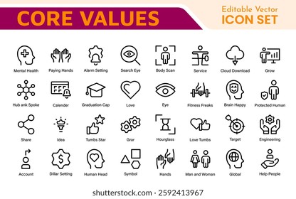 Core Values outline icons set. Core, values, business, leadership, goals, target, client, quality, success, responsibility and quality.