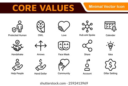 Core Values outline icons set. Core, values, business, leadership, goals, target, client, quality, success, responsibility and quality.