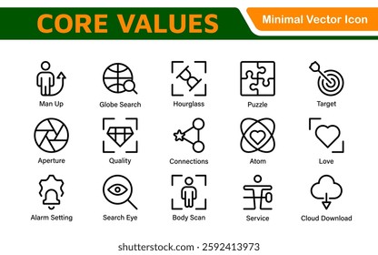 Core Values outline icons set. Core, values, business, leadership, goals, target, client, quality, success, responsibility and quality.