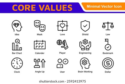 Core Values outline icons set. Core, values, business, leadership, goals, target, client, quality, success, responsibility and quality.