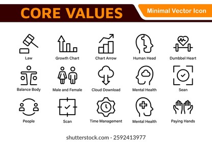 Core Values outline icons set. Core, values, business, leadership, goals, target, client, quality, success, responsibility and quality.