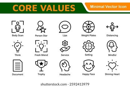 Core Values outline icons set. Core, values, business, leadership, goals, target, client, quality, success, responsibility and quality.