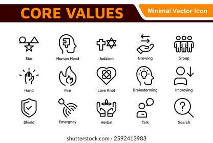 Core Values outline icons set. Core, values, business, leadership, goals, target, client, quality, success, responsibility and quality.