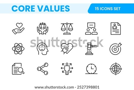 Core Values outline icons set. Core, values, business, leadership, goals, target, client, quality, success, responsibility and quality.