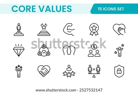 Core Values outline icons set. Core, values, business, leadership, goals, target, client, quality, success, responsibility and quality.