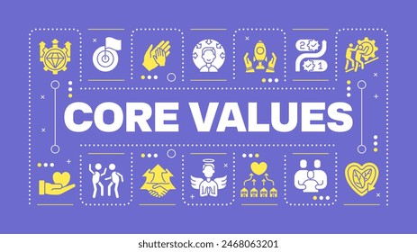 Concepto de palabra púrpura de valores principales. Principios de la empresa. Responsabilidad social. Ética empresarial. Comunicación visual. Arte vectorial con texto de letras, iconos de pictograma editables