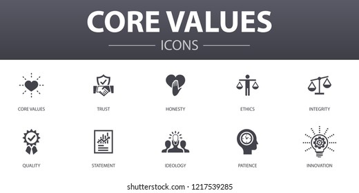 Core values simple concept icons set. Contains such icons as trust, honesty, ethics, integrity and more, can be used for web, logo, UI/UX
