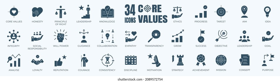 Core Values solid icon set. Vector graphic glyph style pictogram package isolated on white background