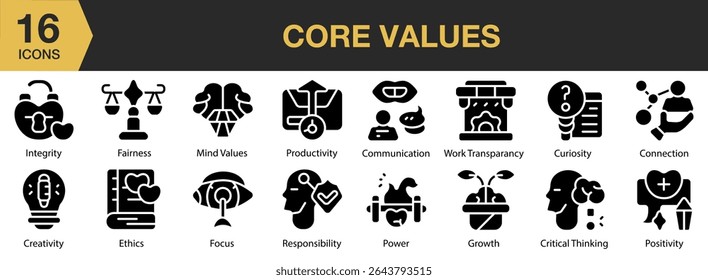 Core Values solid icon set. Includes business, teamwork, core, innovation, goal, value, and More. Solid icons vector collection.