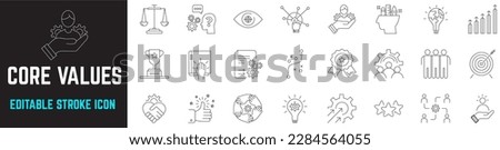 Core values stroke thin icon set, business, innovation, teamwork, growth, trust, ethics, goal, development, vision, creativity, interaction, honesty, motivation, development, quality, solution, puzzle