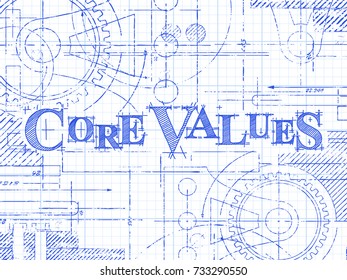 Core values text with gear wheels hand drawn on graph paper technical drawing background
