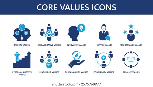 core values themed icon collection, solid icons, minimalist design.