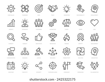 Conjunto de iconos de línea fina de valores básicos. Valores básicos, Confianza, Integridad, Innovación, Crecimiento, Objetivo, Trabajo en equipo, Clientes, Motivación, Visión editable icono de trazo. Ilustración de vector