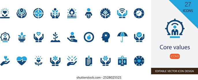 Core values vector icon  set. containing vision, purpose, compassion, fairness, innovation, teamwork, growth and more solid design