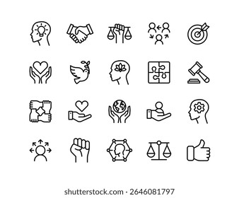 Core Values Vector Icon Set | Adjustable Line Weight | Integrity, empathy, respect, unity, justice, leadership, kindness, equality, support, teamwork, goal, growth, mindset, ethics icons