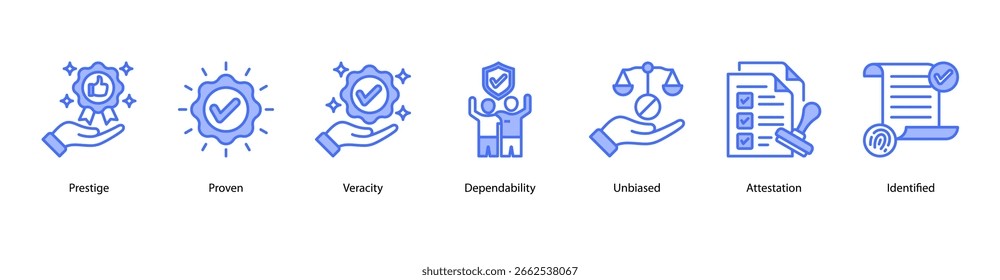 Core Values web banner icon vector illustration featuring Prestige, Proven, Veracity, Dependability, Unbiased, Attestation, and Identified.