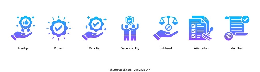 Ilustração vetorial do ícone de banner da Web com Prestige, Proven, Veracity, Dependability, Unbiased, Attestation e Identified.