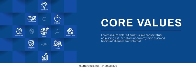 Core Values Web Header Banner w Integrity Mission and Vision Icons