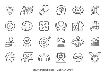 Core Values web icon set in line style. Innovation, integrity, customers, accountability, teamwork, goals, motivation collection. Vector illustration.