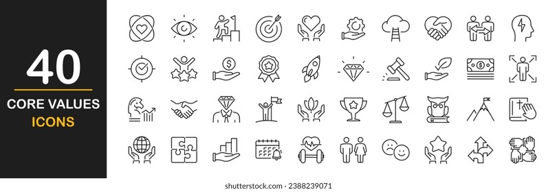 Core values web icons set. Core value - simple thin line icons collection. Containing goals, responsibility, performance, accountability, will to win, quality, teamwork and more. Simple web icons set