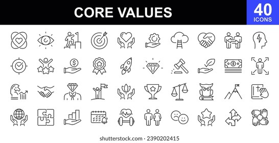 Core values web icons set. Core value - simple thin line icons collection. Containing goals, responsibility, performance, accountability, will to win, quality, teamwork and more. Simple web icons set