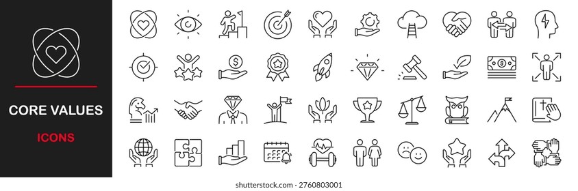 Core values web icons set. Core value - simple thin line icons collection. Containing goals, responsibility, performance, accountability, will to win, quality, teamwork and more. Simple web icons set